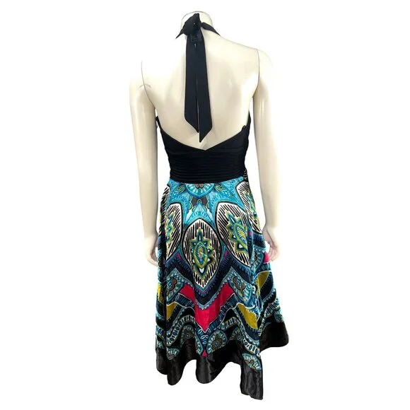 Signature by Sangria Size Small Black Blue Halter Dress Handkerchief Hem Bohemia - Picture 5 of 14